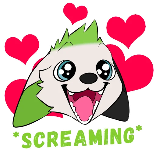 A sticker of Finnley, screaming with joy.